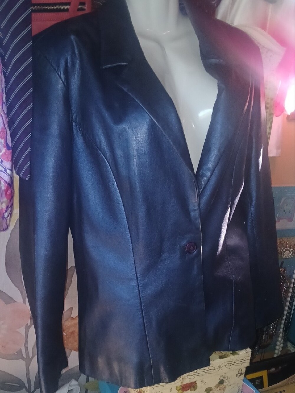 90s Vintage Excelled Navy Leather 1 Button Blazer Large